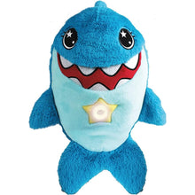 Blue plush shark night light with star belly, big eyes, and red smile