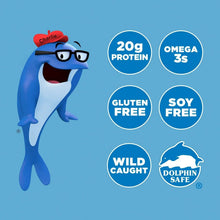 Chunk light tuna label badges: wild caught, dolphin safe, gluten-free, soy-free