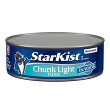 Chunk light tuna can, round top and lid with blue StarKist label in water