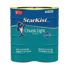 12-pack chunk light tuna cans in water, blue StarKist label
