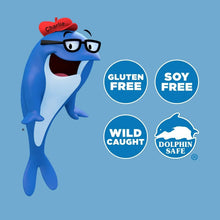 Tuna-themed character with gluten-free, soy-free, wild-caught and dolphin-safe badges