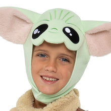 Plush green Grogu hood with big black eyes and pink inner ears
