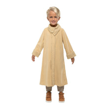 Toddler Grogu costume tunic with fuzzy beige collar and tan ankle-length hem