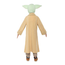 Toddler Grogu costume back view with tan robe and plush green hood with ears