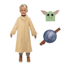 Toddler Grogu costume robe with fuzzy collar plus green hood and blue chest accessory