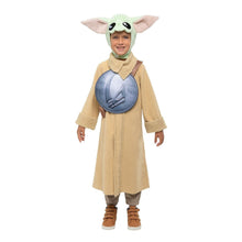 Toddler Star Wars Grogu costume with tan robe, blue chest piece, and green hood
