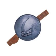 Blue plush Grogu chest shield with brown straps and raised bird emblem