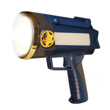 Tactical flashlight with blue body and gold emblem, large front LED bezel