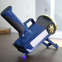 Tactical flashlight with kickstand, blue body and gold-ringed lens head
