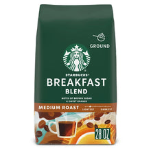 Starbucks Breakfast Blend ground coffee bag, medium roast 28 oz, green front label