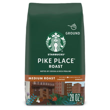 Medium roast ground coffee bag with Starbucks Pike Place Roast label, 28 oz
