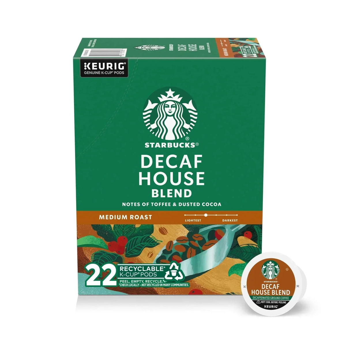 Starbucks Decaf House Blend, Hot or Iced Coffee, Medium Roast K-Cup Coffee Pods, 22 Count