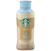 Starbucks Lite vanilla latte bottle with blue cap, front label and Starbucks logo