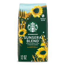 Starbucks Sunsera Blend whole bean coffee bag, green with sunflower graphics, 12 oz