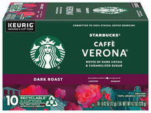 Dark roast K-Cup pod box with Starbucks Caffè Verona label and notes panel