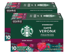 Dark roast K-Cup pod box, green and purple Starbucks Caffè Verona branding