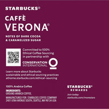 Starbucks Caffè Verona K-Cup pod box panel with sourcing and ingredients details