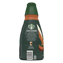 Caramel macchiato creamer bottle back label with Starbucks logo and description.
