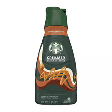 Caramel macchiato flavored creamer bottle, green with amber caramel swirl label.