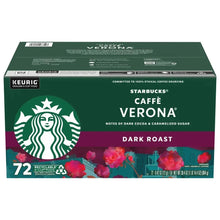 Starbucks Caffè Verona Dark Roast K-Cup pods box, 72 count, green and purple