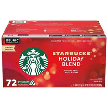 72-count K-Cup pod box, Starbucks Holiday Blend front label, recyclable