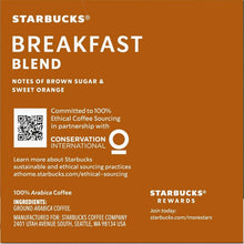Starbucks Breakfast Blend coffee pod box back panel with ingredients and sourcing info