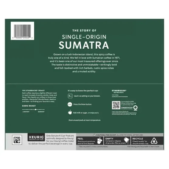 Starbucks Coffee Single Origin Sumatra Dark Roast K-Cup, 72-count