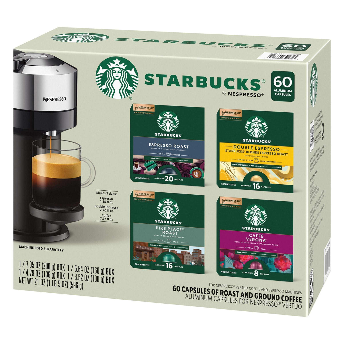 Starbucks Coffee and Espresso Capsules for Nespresso Vertuo Machines 60-count Variety Pack, 100% Arabica Coffee