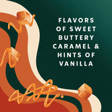 Caramel macchiato creamer label with flavors text in white letters