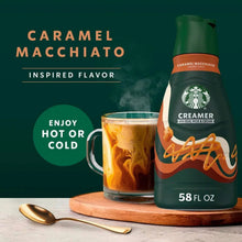 Caramel Macchiato creamer bottle next to iced coffee in a glass