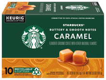 Starbucks Caramel flavored coffee K-Cup pods box with caramel cubes and 10-count icon