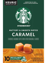 K-Cup pods box label for Starbucks Caramel flavored ground coffee with caramel cubes