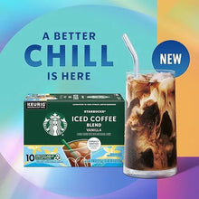 Starbucks iced coffee blend vanilla K-Cup box with iced coffee in a glass cup