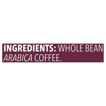 Whole bean Arabica coffee ingredients label on coffee bag