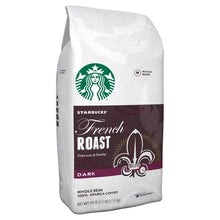 Whole bean coffee bag labeled Starbucks French Roast dark