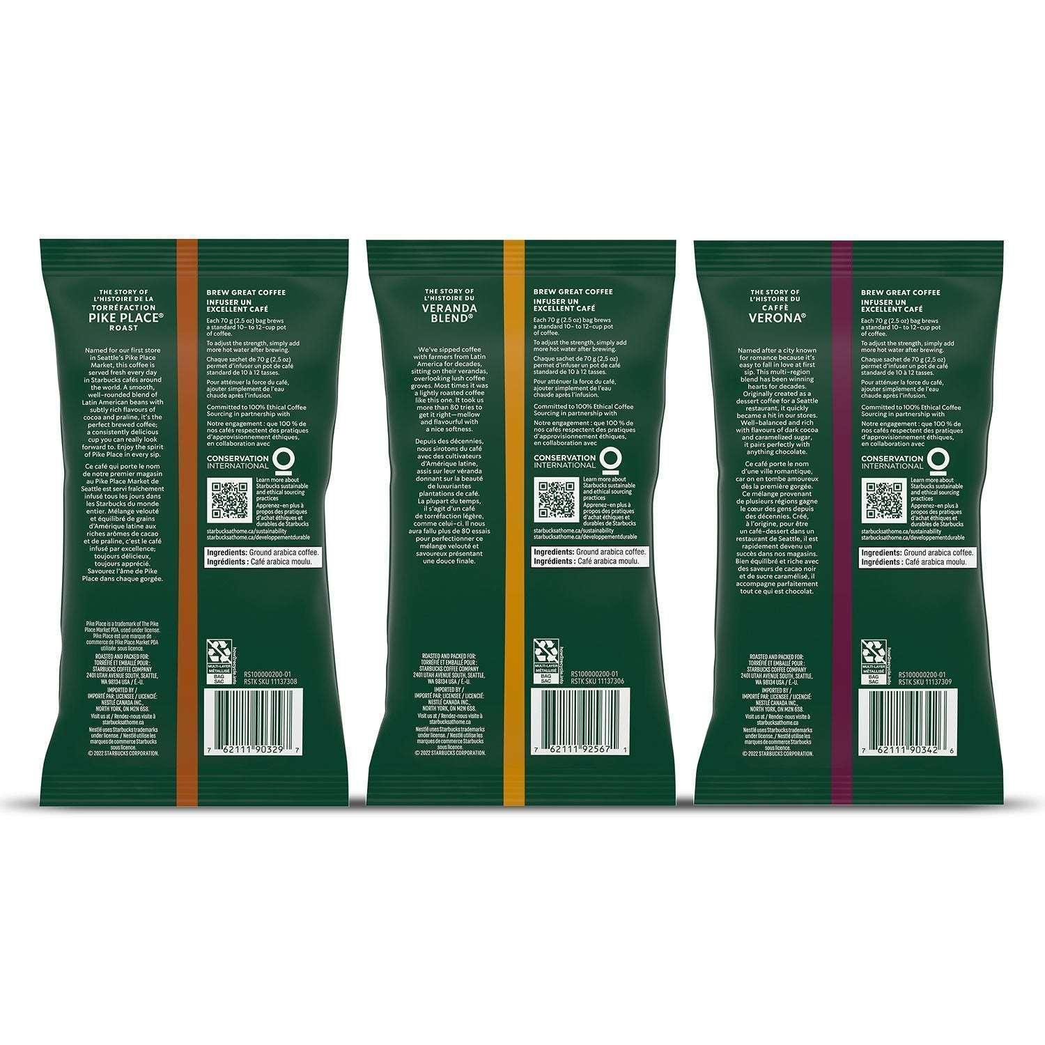 Starbucks Ground Coffee Variety Pack, 2.5 oz., 10 packets