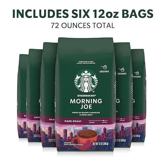 Starbucks Ground Coffee, Dark Roast Hot or Iced Coffee, Morning Joe, Six 12 oz Bags