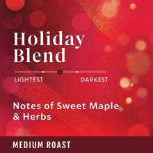 Holiday Blend roast level and flavor notes panel: sweet maple & herbs, medium roast
