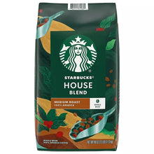 Whole bean coffee bag, Starbucks House Blend, medium roast, green floral design