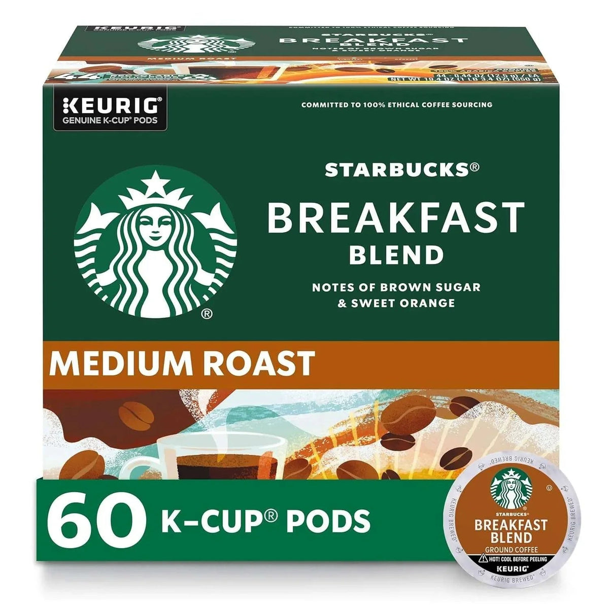 Starbucks K-Cup Coffee Pods, Medium Roast Hot or Iced Coffee, Breakfast Blend Keurig Pods