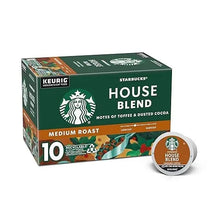 Medium roast K-Cup coffee pods box with House Blend lid and side graphics