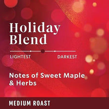Red Holiday Blend coffee label: Notes of Sweet Maple & Herbs, roast scale