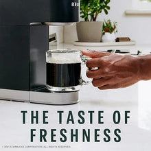 Brewed coffee mug with Keurig-style brewer, decaf house blend