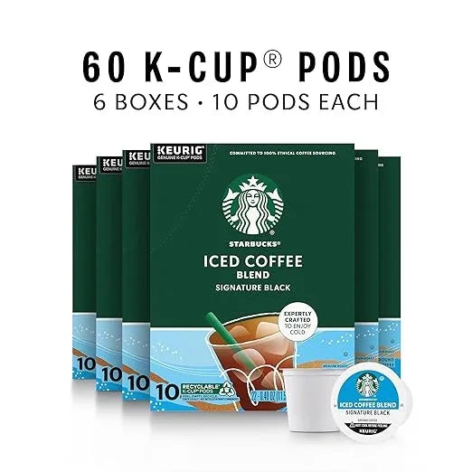 Starbucks K-Cup Coffee Pods, Medium Roast Iced Coffee Blend, Signature Black for Keurig Brewers, 100% Arabica, 6 Boxes (60 Pods Total)