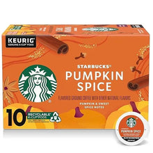 Starbucks Pumpkin Spice K-Cups box, orange, 10-count, KEURIG branded with pumpkin spice icon