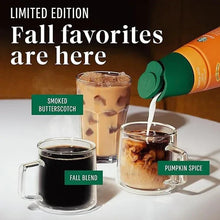 Starbucks K-Cup coffee pods with pumpkin spice coffee and brewed cups, fall blend