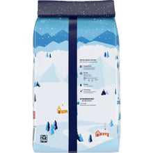Starbucks Organic Winter Blend whole bean coffee bag, info panel, illustrated winter design