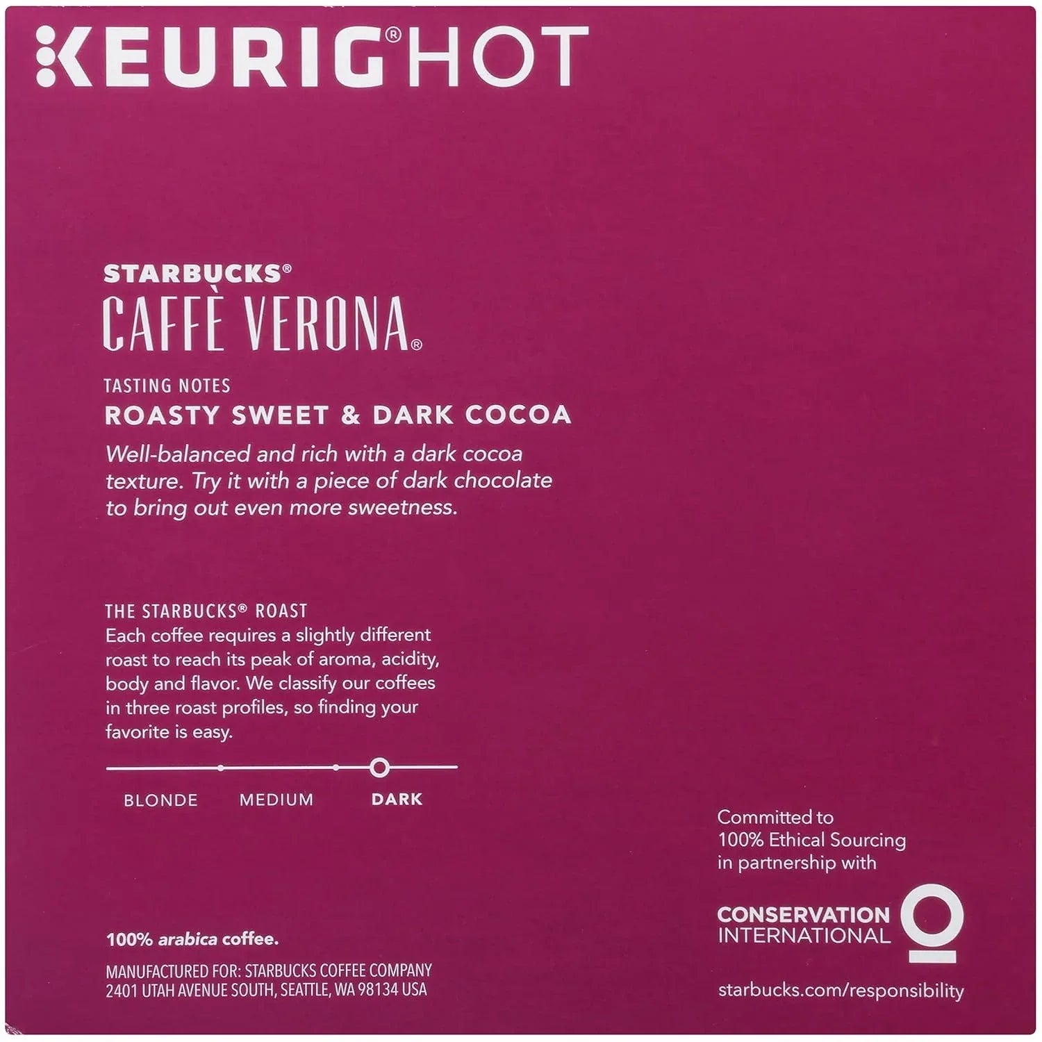 Starbucks Caffe Verona Coffee K-Cup Pods, Dark Roast Arabica Coffee