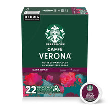 Dark roast K-Cup pod box with Starbucks Caffè Verona K-Cup pod beside it