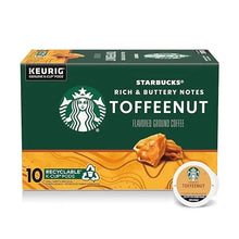 Toffeenut flavored coffee pods box with single pod cup, green and tan design